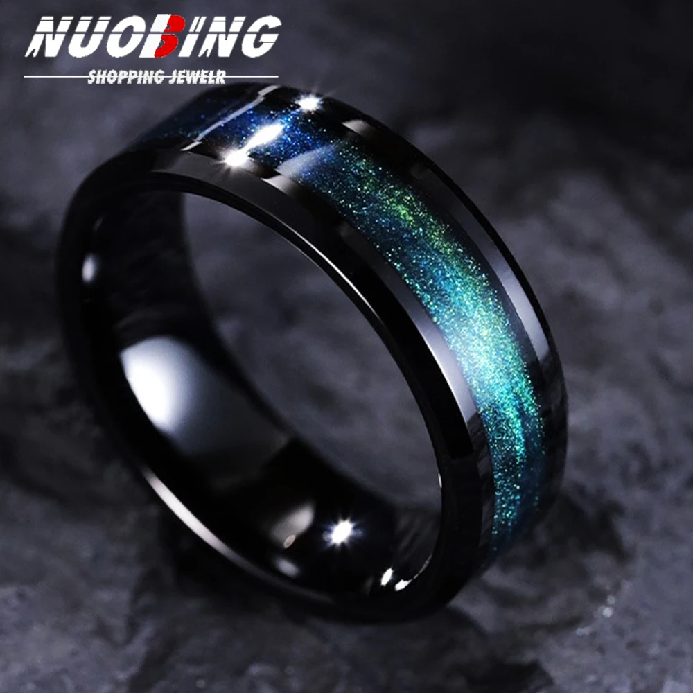 

Fashion 8MM Iridescent Color Stainless Steel Rings Men Carbon Fiber Green Abalone Shell Inlay Wedding Engagement Jewelry Gift