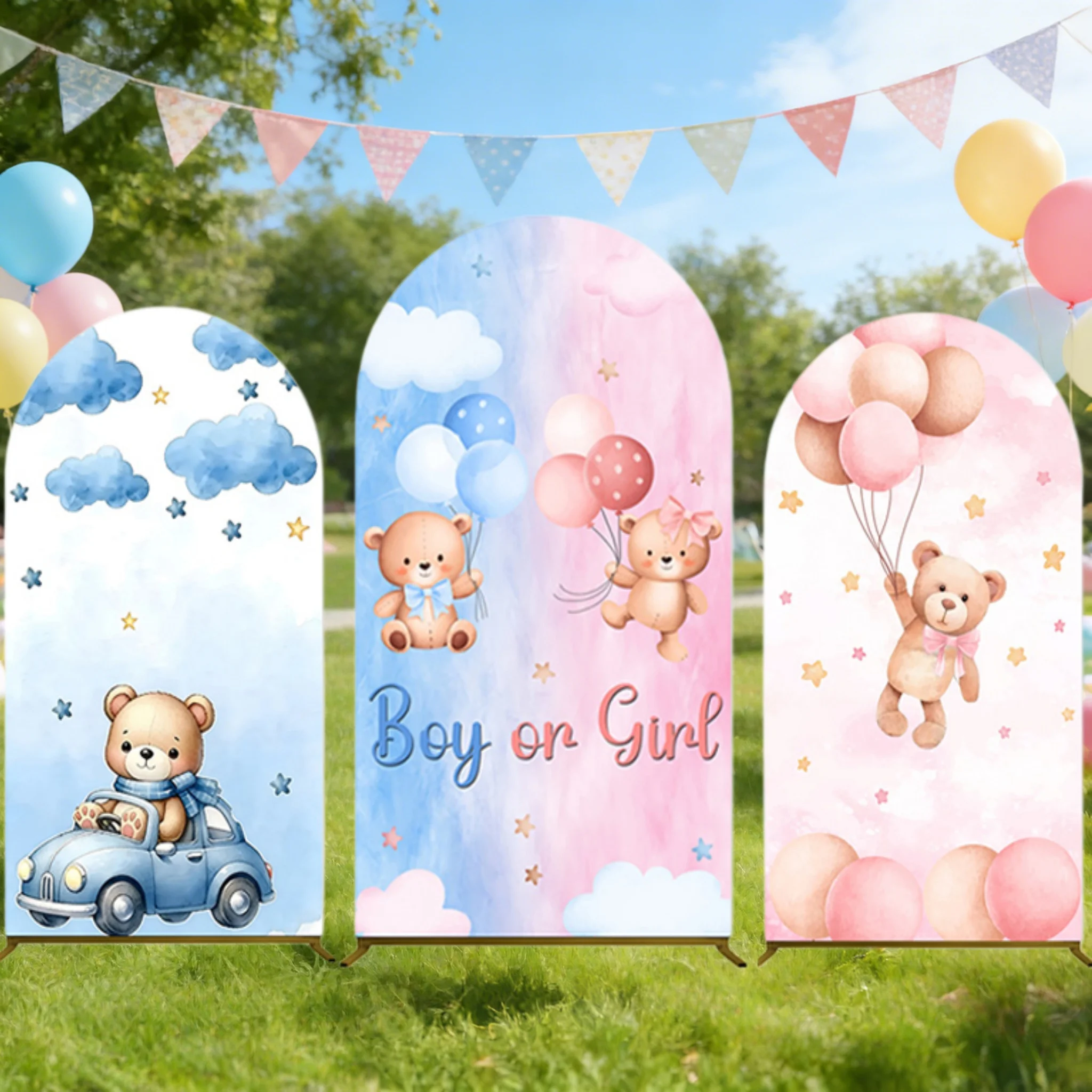 Boy or Girl Gender Reveal Arch Cover Photography Backdrop Teddy Bear Castle Baby Shower Kids Birthday Party Decor Backgrounds