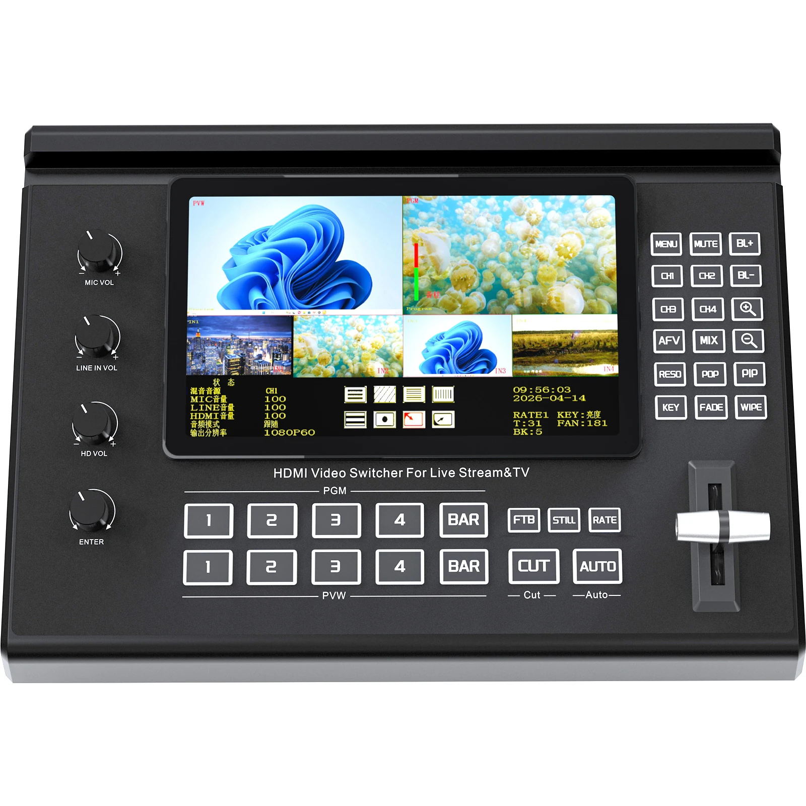 4K 60Hz 4 Channel HDMI Video Mixer Switcher for Multi Camera Live Streaming Green Screen Chroma Key Blue Matting Image Cutout