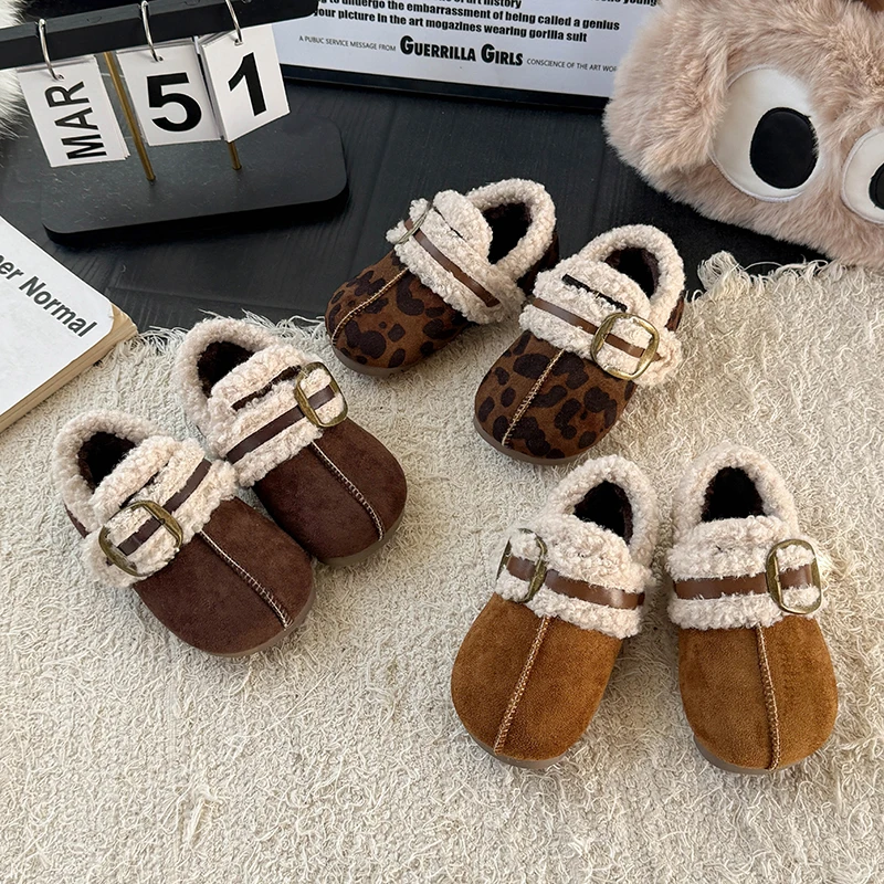 

Toddler Girls Warm Plush Lining Suede Leather Shoes 2025 New Winter Kids Animal Prints Casual Shoes Soft Sole Retro School Flats
