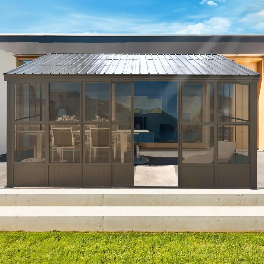 12 x16ft veranda, Solarium Gazebo a parete con porta d'ingresso, ingresso laterale, tetto inclinato in acciaio zincato, schermo PC mobile