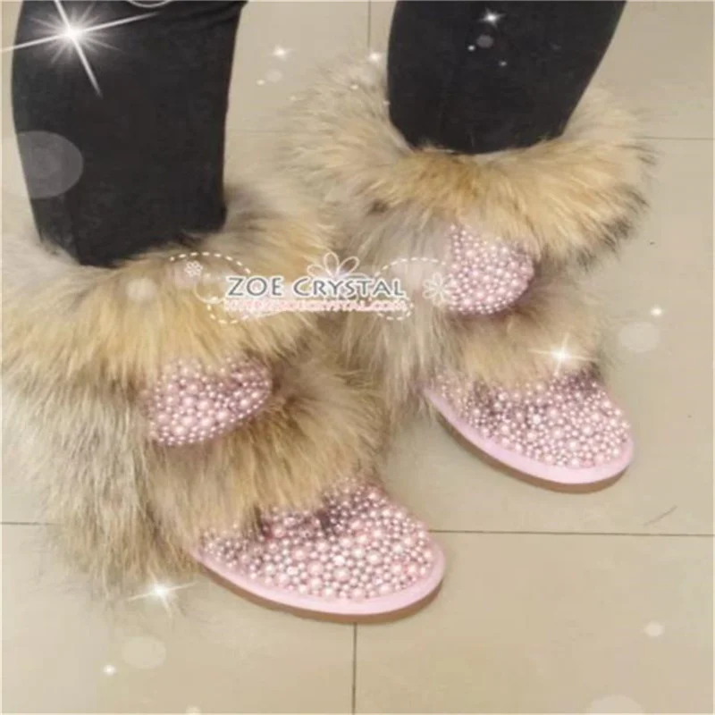 Luxury pearl natural fox fur women's cotton shoes custom tall full pearl fur one large size plus cashmere snow boots 35-44