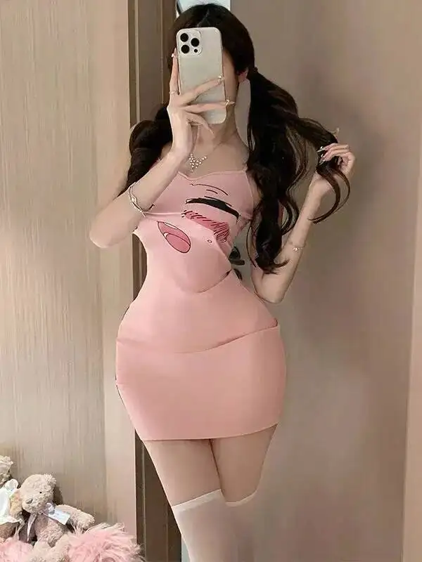 لطيف الكرتون مثير صيف جديد نقي لينة سليم أنيقة Bodycon بروتيل فستان موضة مثير فستان قصير تانك الحلو المرأة سليم الأعلى 8ZC