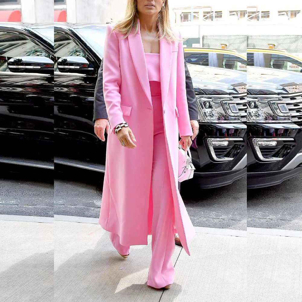 

Fashion Pink Long Women One Pieces Suit Set One Button Notch Lapel Long Jacket Sets Wedding Office Daily Female Clothing 2025