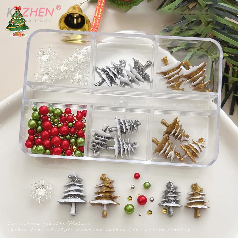 6 rasters/doos kerst rood/groen kraal sneeuwvlok nagel strass gemengde grootte kleurrijke kralen Nali Charms kerst manicure sieraden