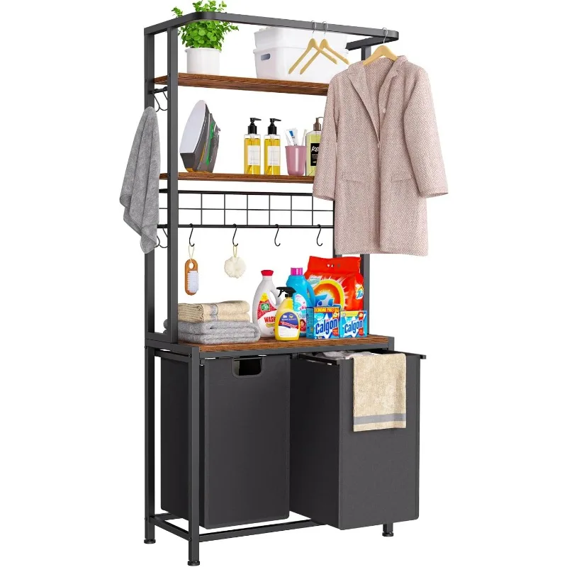 3-Tier Laundry Basket with Shelves and Hanging Rail, Tall Laundry Basket Sorter with Storage Rack, 2-Section Clothes Basket