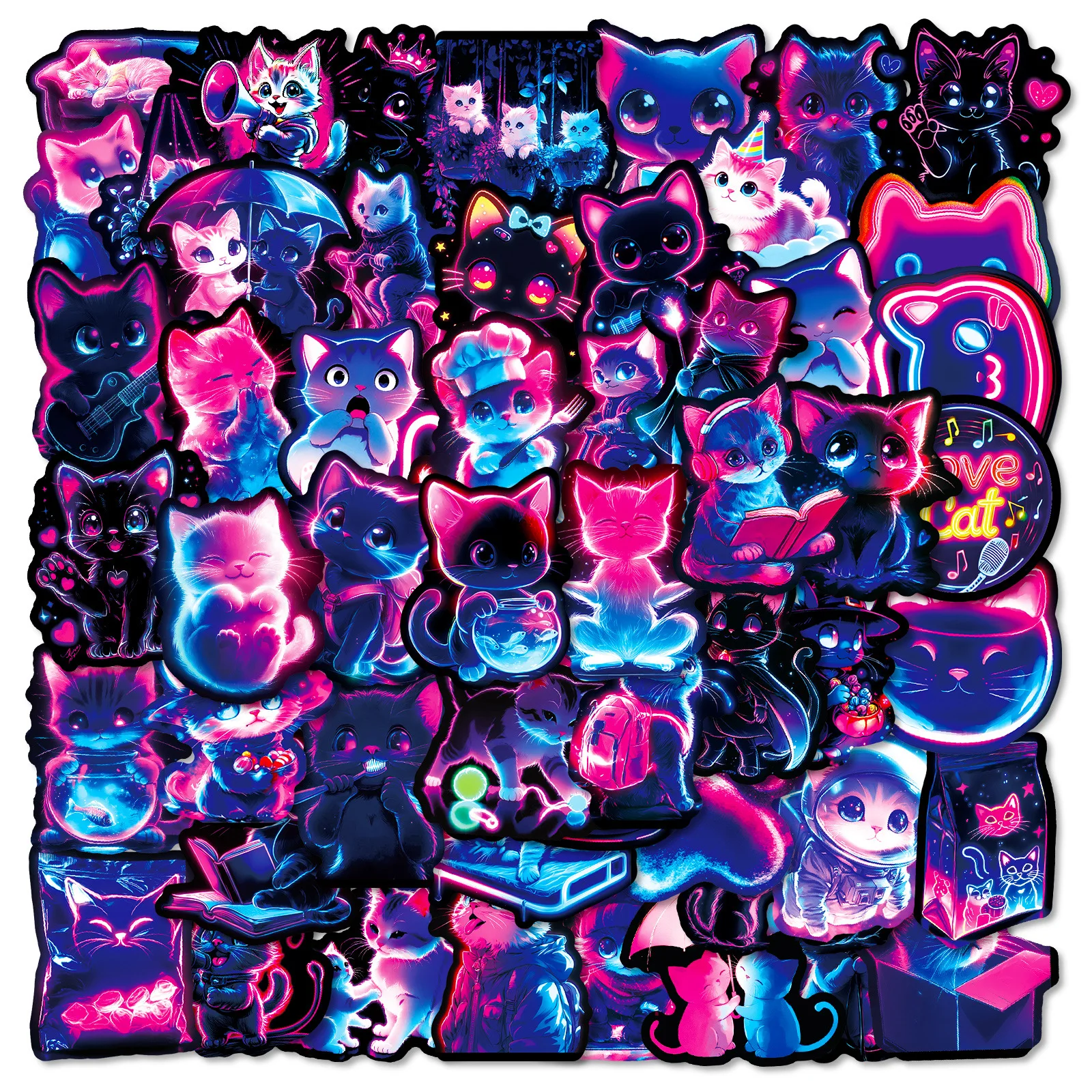 56-teiliges Neonlicht-Tiermotiv Katzen-Cartoon-Aufkleber-Set, Ästhetische DIY-Dekoration für Skateboard, Handy, Tasse, Koffer, Niedliche Deko-Sticker für Kinder