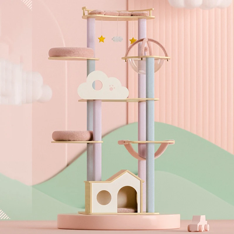 Solid Wood Cat Climbing Tree Tower, Cute Pink Pet Cats Tree House, Cat Gym Toys for Cats Scratching Post, Pet Products