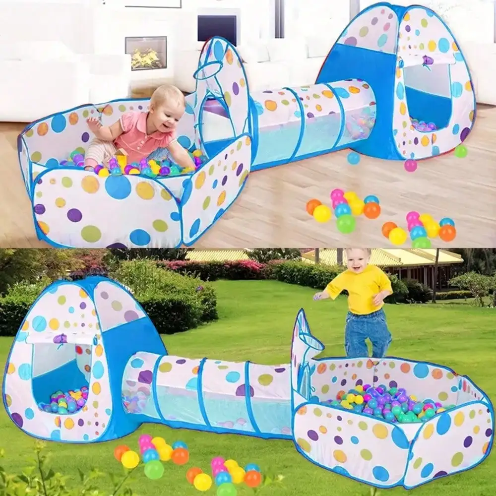 3‑In‑1 Kids Play Tent for Youngsters, Foldable Indoor Game Play House with Sturdy Steel Frame, Durable Polyester Fabric Portable Play Fort, Red & Blue Color Options for Children Indoor Activities, Balls Not Included, Perfect Birthday Holiday Gift Toy
