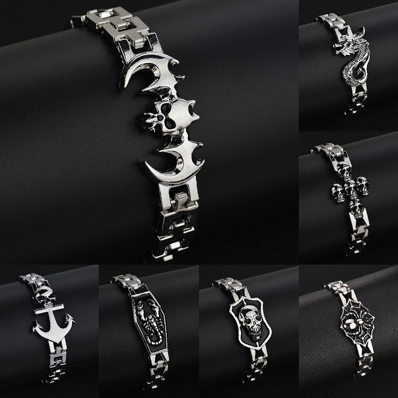 Fashion Retro Watch Style Metal Bracelet Men's Creative Personality Punk Skull Head Bracelet Halloween Party Jewelry Gift