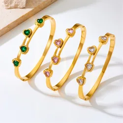 Greatera Romantic Cubic Zirconia Heart Stainless Steel Bangles Bracelets for Women Gold Plated Jewelry Valentine's Day Gift