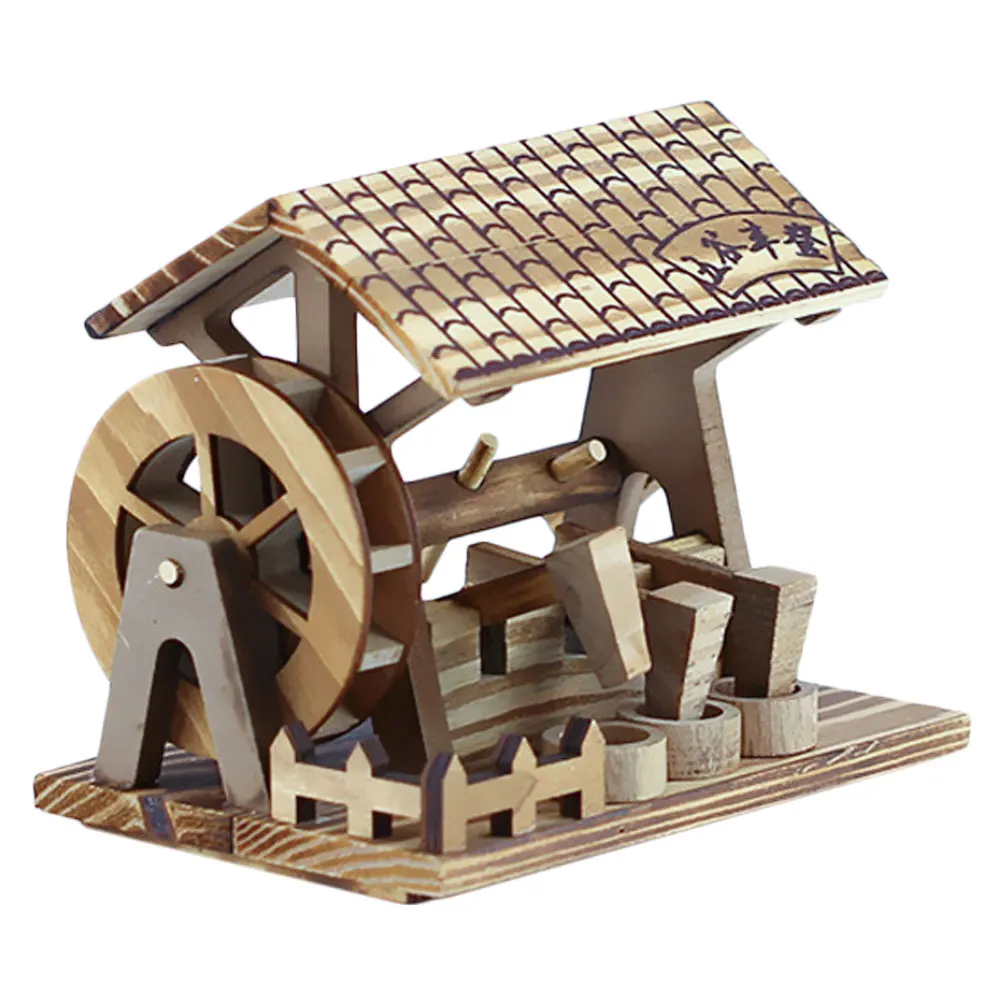 

Wooden Hand-Cranked Waterwheel Ornaments Miniature Handmade Wood Crafts Home Office Desktop Rustic Country Style Decoration