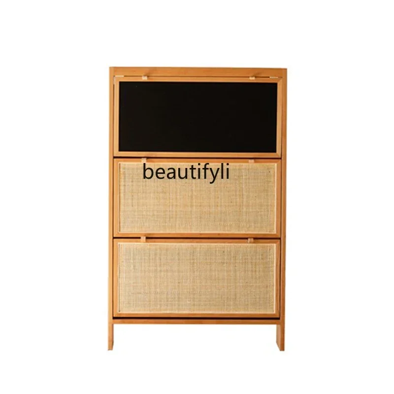 

Nordic solid wood shoe cabinet cherry wood living room ultra-thin Japanese rattan entrance storage cabinet