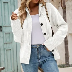 Autumn Winter Women's Hooded Solid Button Screw Thread Lantern Long Sleeve Sweater Knitted Cardigan Coat Fashion Casual Tops