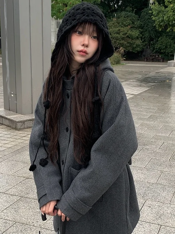 

Милое японское школьное хлопковое пальто с капюшоном, женское шикарное шерстяное пальто маленького размера, длинное пальто миди