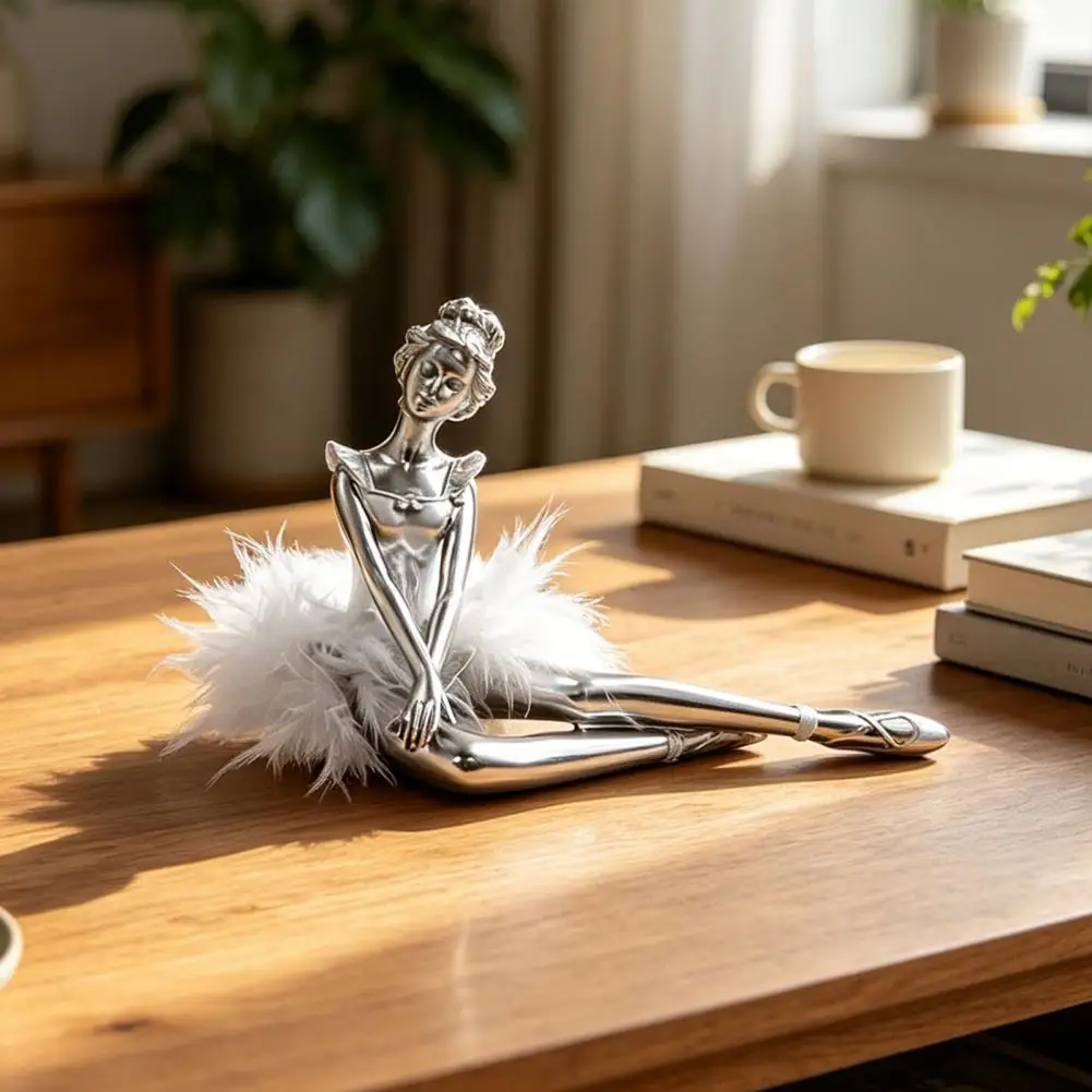 Decorative Ballerina Ornament Artistic Home Accent Resin Ballet Girl Figurine Modern Ballerina Dancer Statue with Feather Skirt