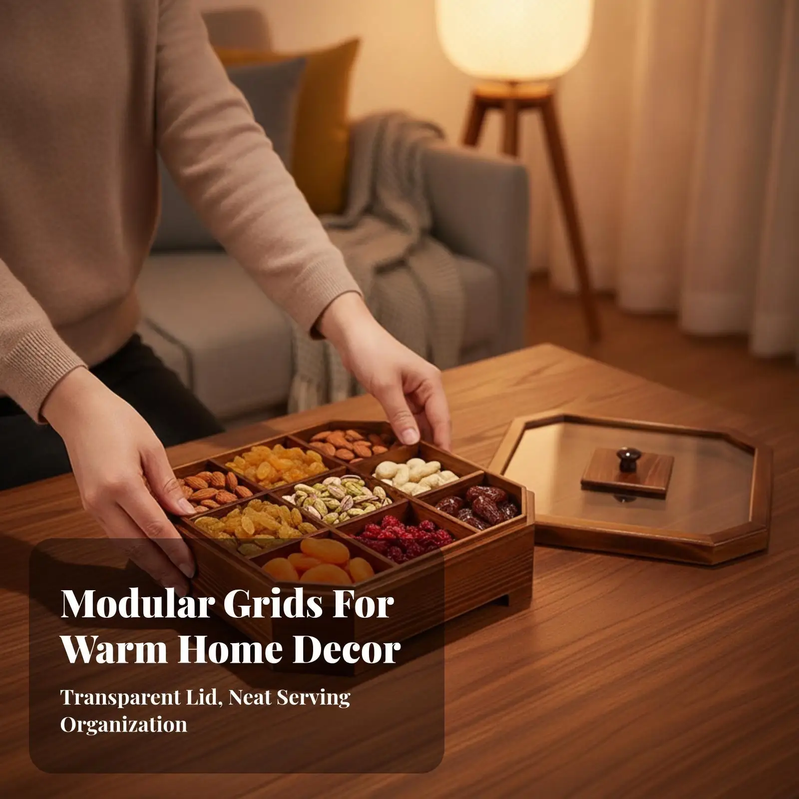 Pine Wood Snack Container with Internal Dividers and Glass Lid for Home Kitchen Tabletop Use