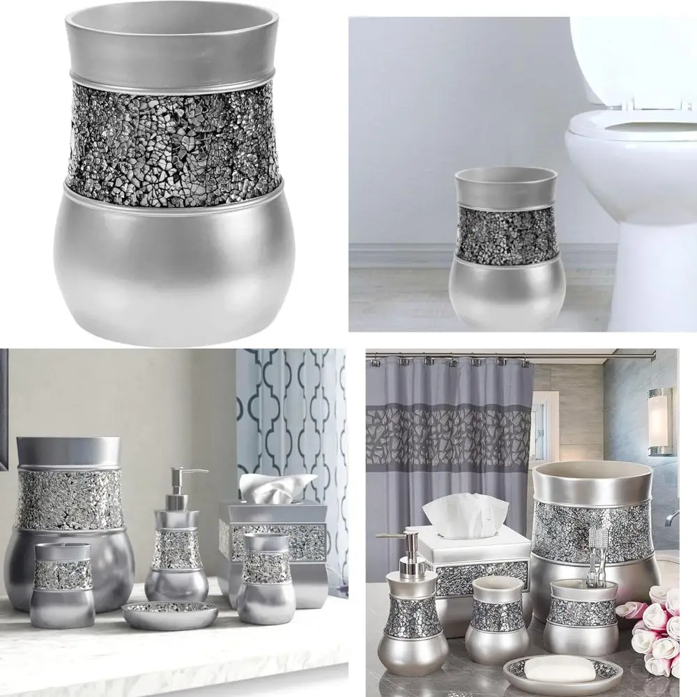 

Decorative Crackled Glass Silver Bathroom Trash Can, 2.06 Gallon Capacity, Ideal for Small Spaces and Powder Rooms