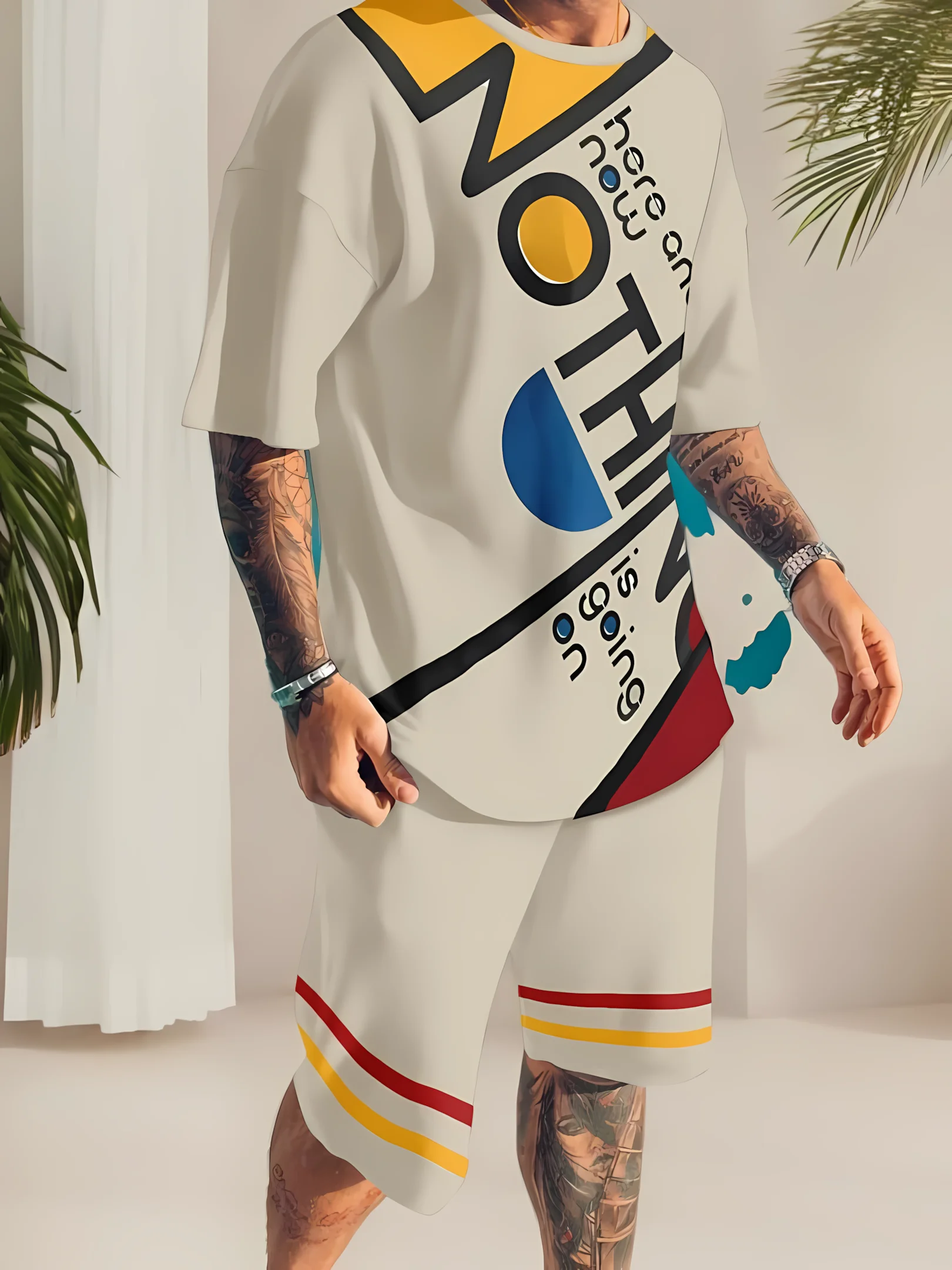 Men's outdoor leisure sports 3D printed round neck short sleeved T-shirt and shorts set trendy and fashionable men's T-shirt