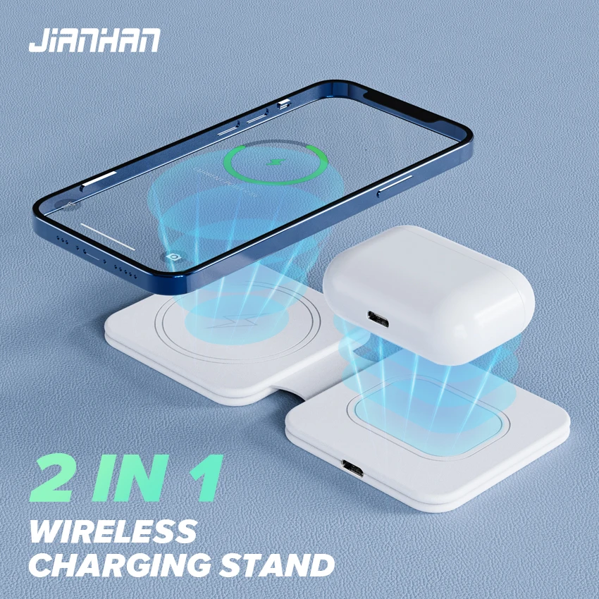 JianHan 2 in 1 Magnetic Wireless Charger for iPhone 12,11,X,8,8 Plus,Airpods,Foldable Fast Charging Pad Station Magsafe Type C