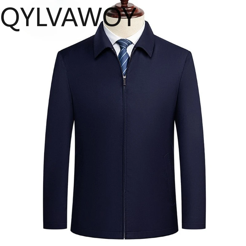 

QYLVAWOY Мужская куртка из 100% камвольной шерсти, весенне-осенняя, с отложным воротником, свободного кроя, тонкая, высококачественная мужская одежда