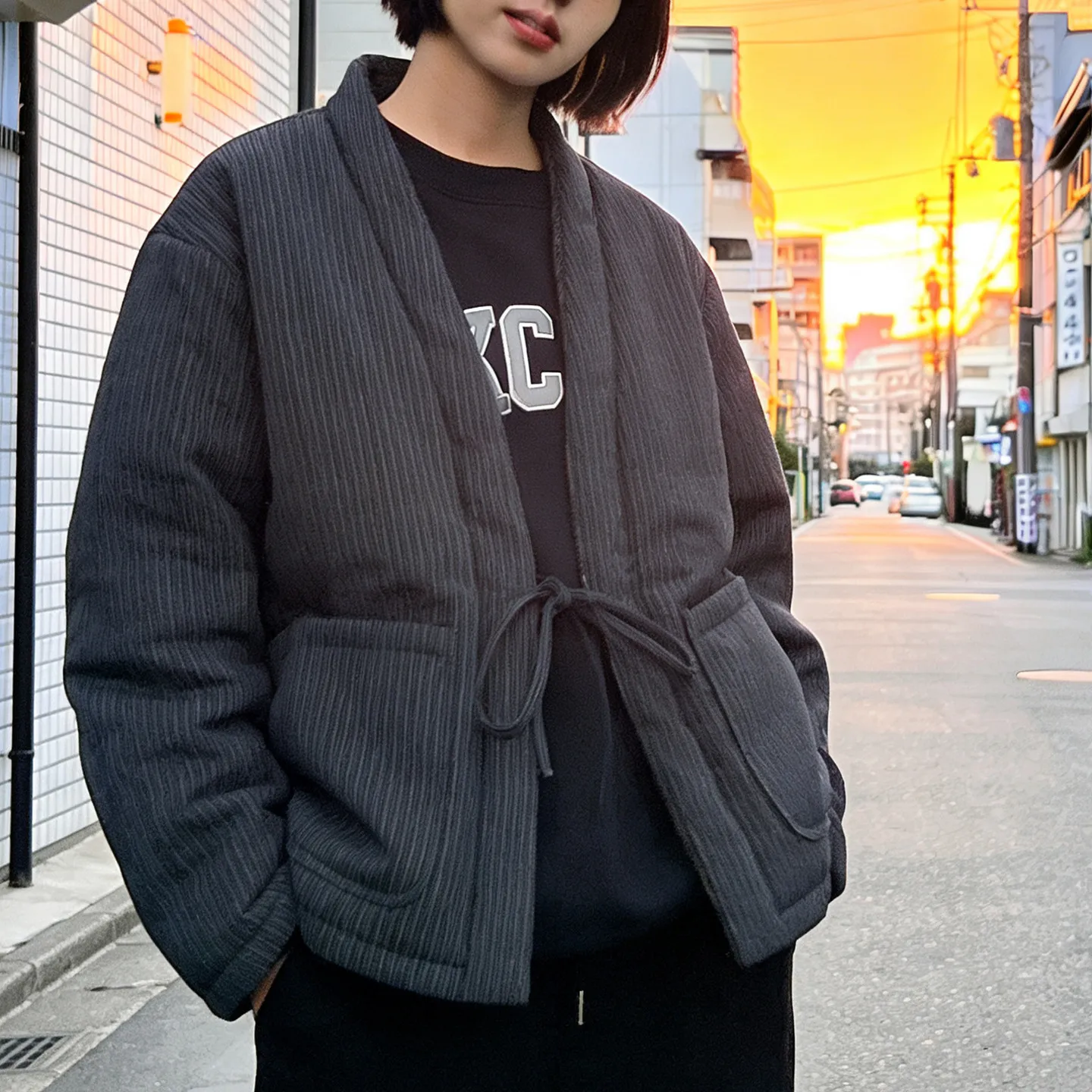 Retro Stil Çift Taraflı Çizgili Pamuklu Erkek Bornozu Bol ve Kalın Sıcak Japon Bol Ceket