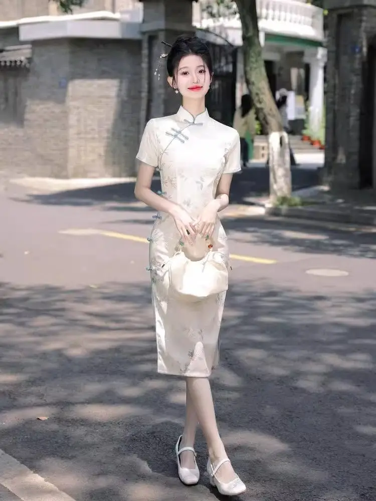 Novo estilo chinês diário de comprimento médio cheongsam vestido elegante verão melhorado jovem feminino qipao vestido