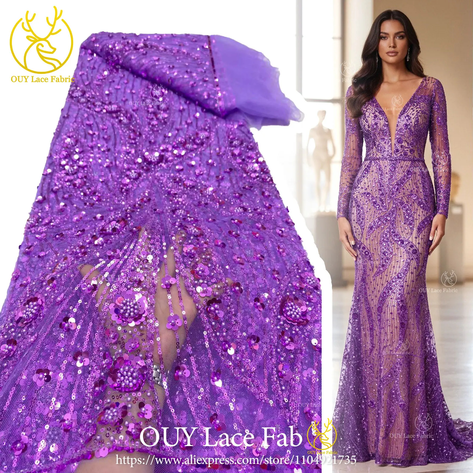 

Французская кружевная ткань 2026, высокое качество, африканский бисер, вышитый нигерийский тюль с блестками, кружево 5 ярдов для шитья вечерних платьев