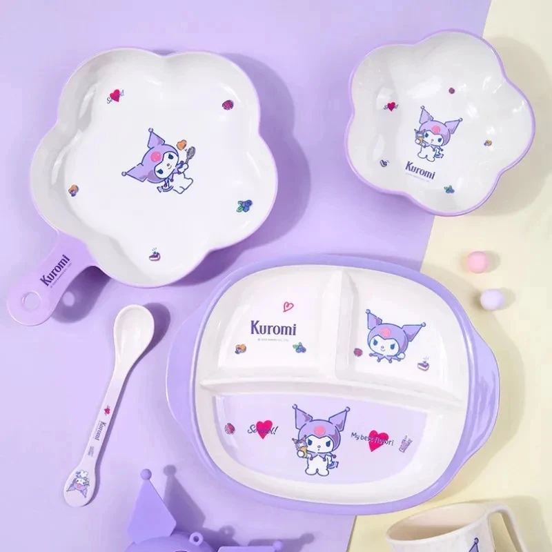 New Kawaii Sanrio Children's Tableware Anime Kuromi Portable Dish Plate Cup Home Cute Anti-Scalding Plate Food Children Gift