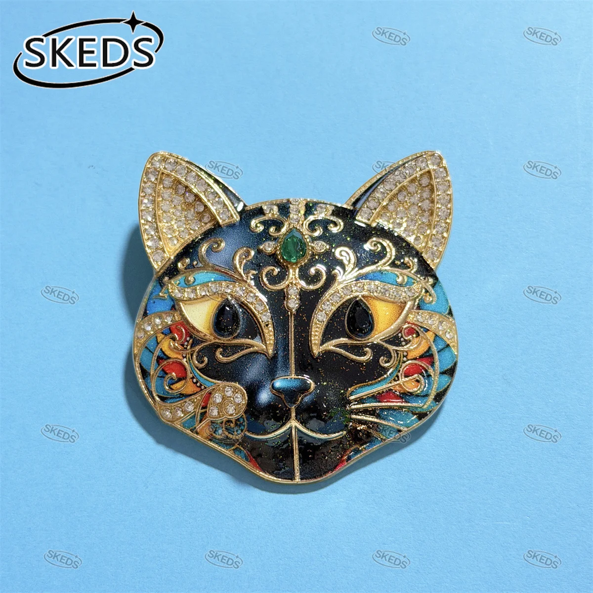 SKEDS Retro Blue White Porcelain Cat Brooch Crystal Rhinestone Kitten Lapel Pin Cute Animal Jewelry Collectible Gift For Ladies