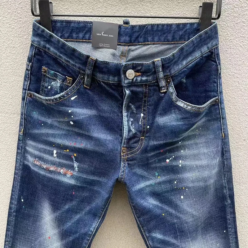 Jeansy męskie starbags dsq 111 Hipster męskie wytarte dziury naszywka haft ręcznie szyte małe stopy niebieskie dżinsy męskie spodnie