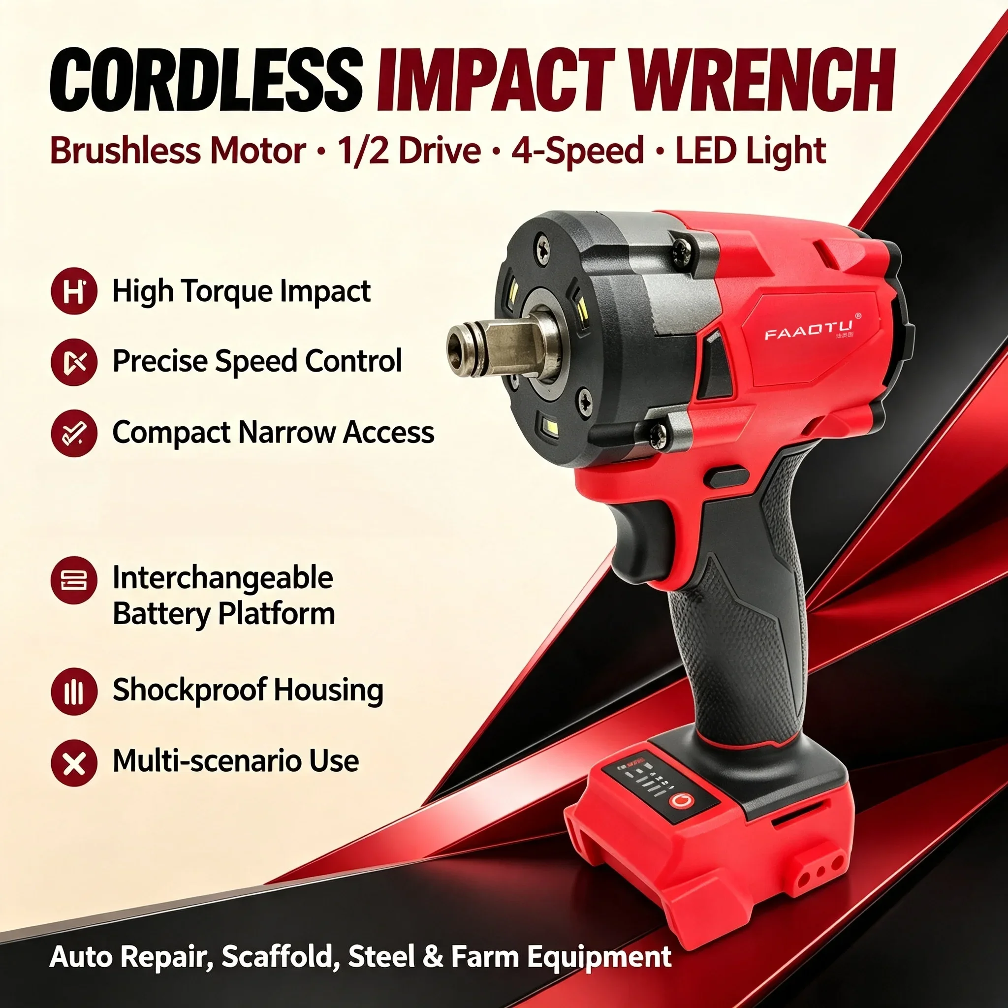 FAAOTU Compact Brushless Impact Wrench Same Body Layout & Operating Mode As MWQ Bare Tool Suitable for MWQ 18vbattery No Battery