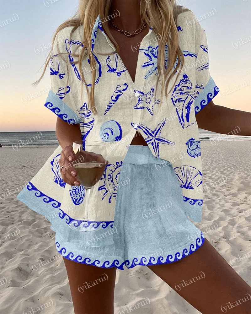 

Holiday Summer Vacation Shorts set 3D Printed Seaside Tropical Casual Lapel Shirt Blouse Top Shorts 2-Piece Suits Beach Clothes