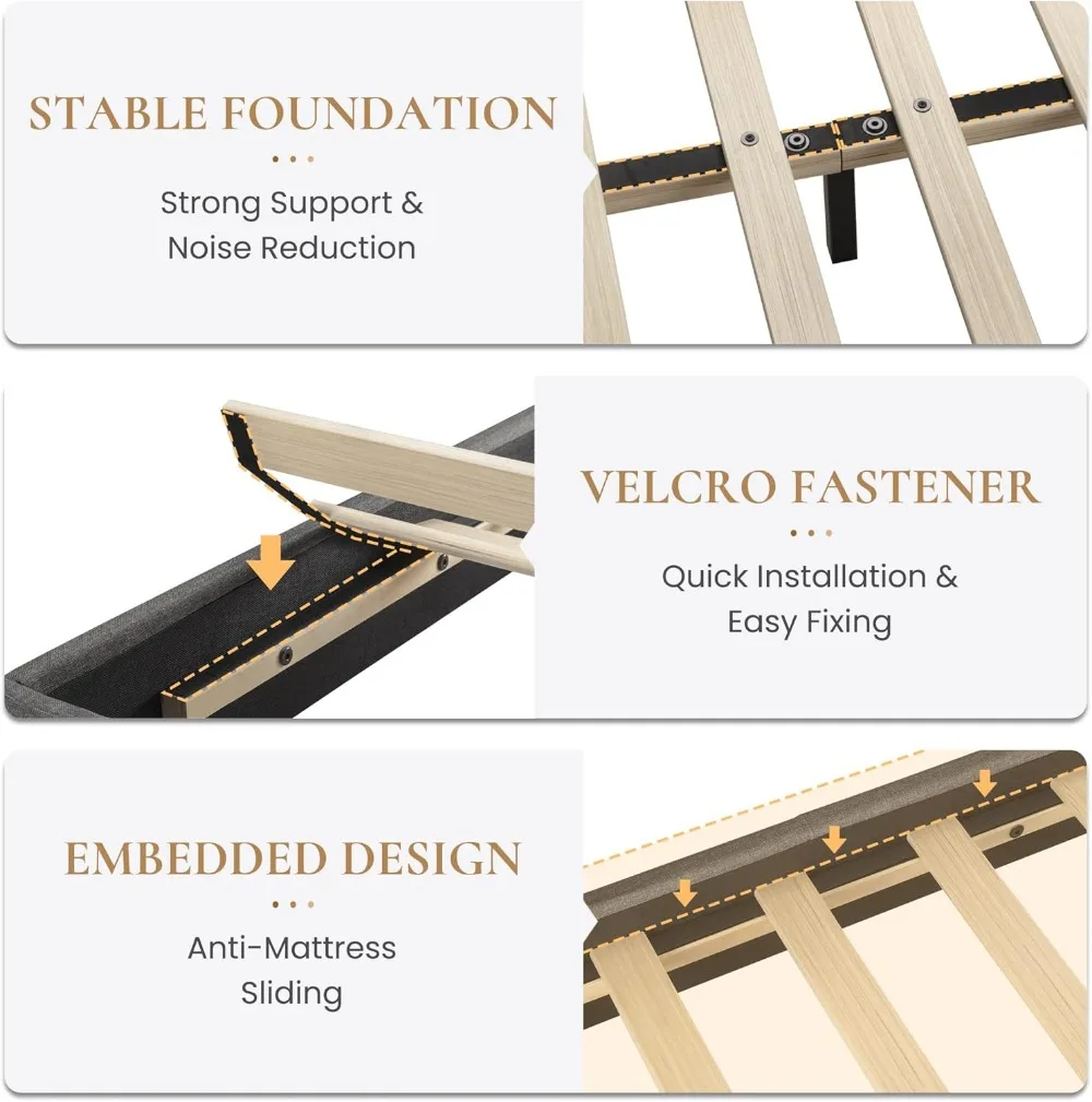 Cadre de lit plateforme pleine grandeur avec tête de lit réglable, tissus d'ameublement en tissu et lattes en bois, assemblage facile, gris foncé