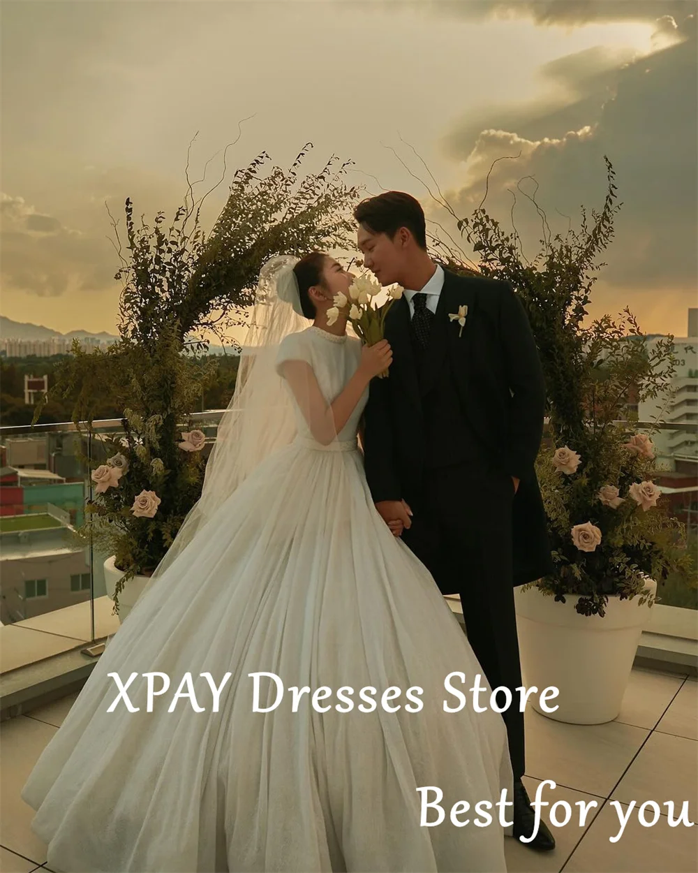 Xpay ชุดแต่งงานสวยๆคอกลมแขนสั้นเดรสถ่ายรูปเกาหลีชุดราตรีเจ้าสาวแบบหรูหราทำเองได้