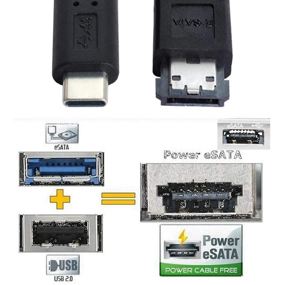 Câble ESATA vers USB C, câble USB Type C, hôte mâle vers ESATA ESATAp, câble HDD pour ordinateur portable