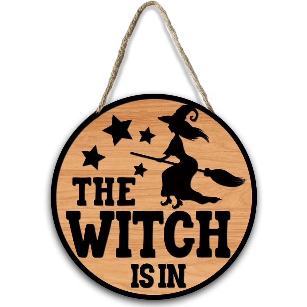 Placa de letrero de madera The Witch Is In, letrero de corona colgante de Halloween para el hogar, jardín, pasillo, entrada, porche, suministros para fiestas