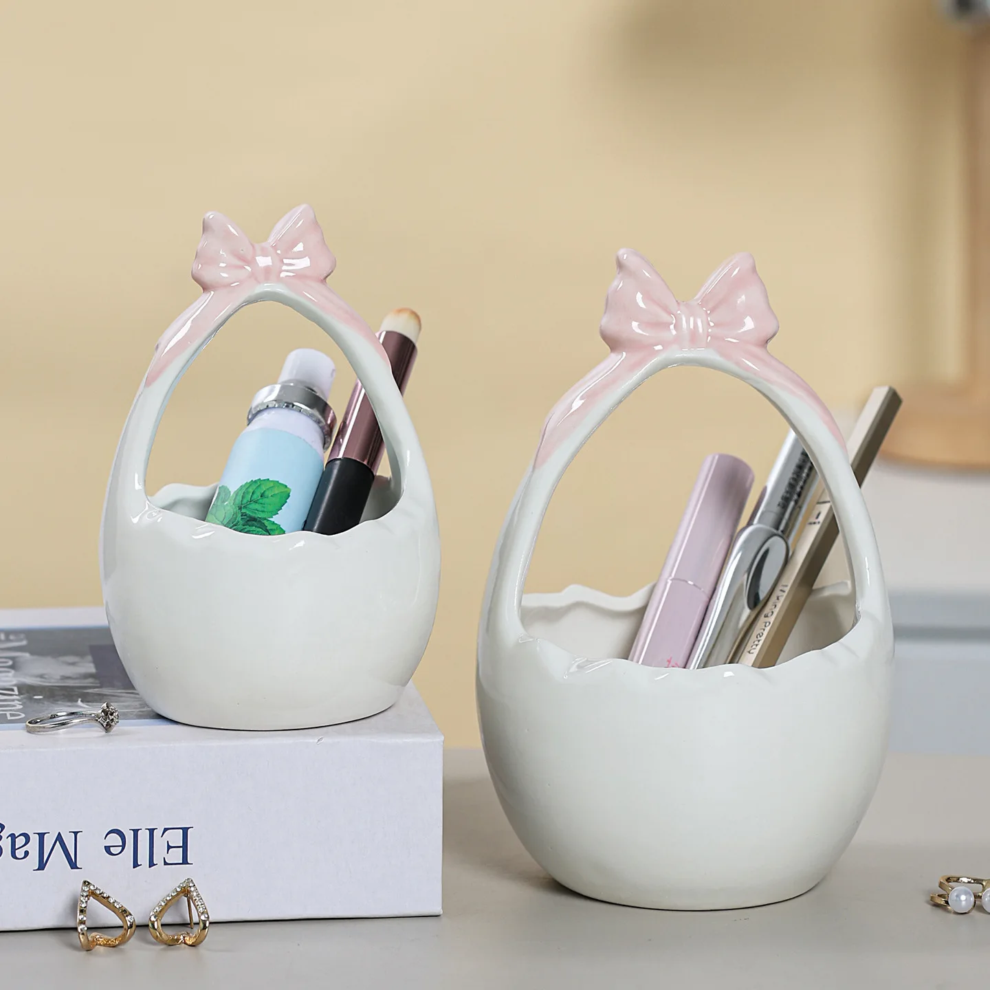 Handmade Ceramic Bow Trinket Tray Decorative Catch All Jewelry Organizer Home Desk Storage Creative Art Gift Box