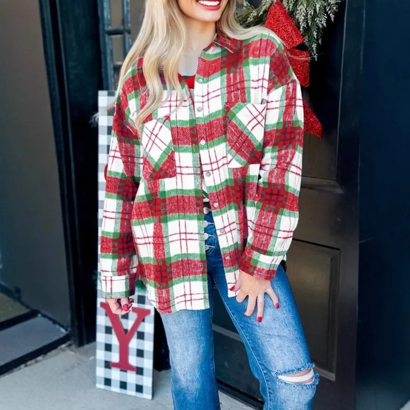 

New Autumn and Winter Women's Plaid Woolen Coat Christmas Style Contrast Pocket Shirt
