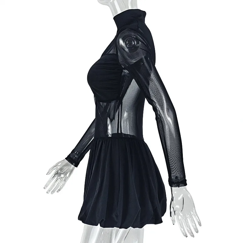 2025 Autumn Mesh Sheer Patchwork Pleated Skinny Dress Women Sexy Spicy Girls Turtleneck Full Sleeve A-line Club Partywear Dress