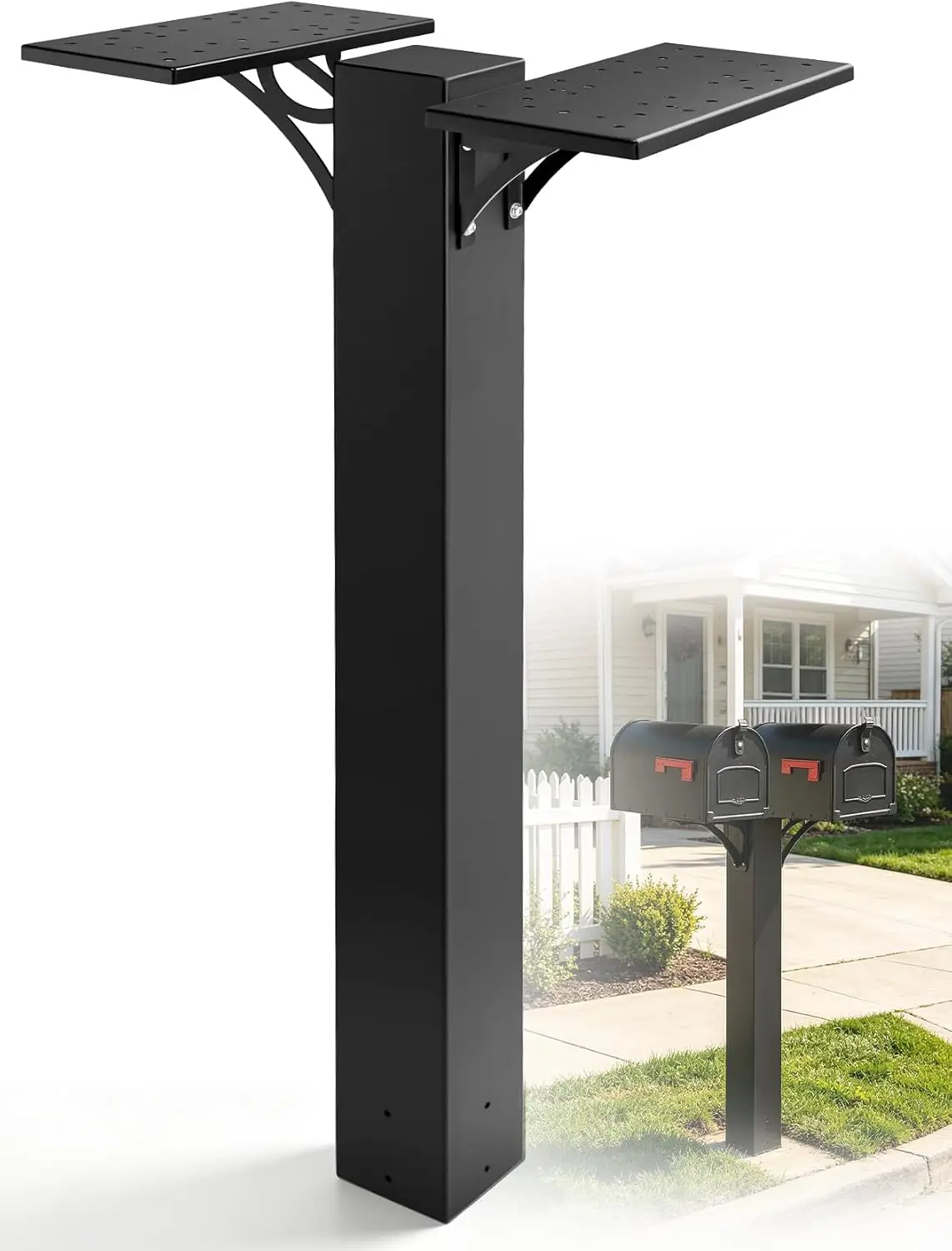 Double Mailbox Post For Outside, Outdoor Heavy Duty Metal Dual Support Stand Pole With Universal Mounting Bracket, In Ground Mailbox Support Post Fits Standard Curbside Residential Mailboxes, Black