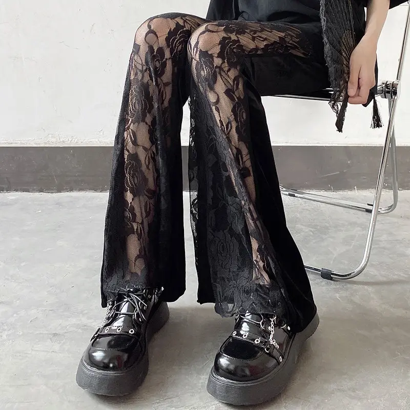 Y2K Gothic Black Lace Flared Leggings High Waist Mesh Splice Lace Design Fashion Streetwear Skinny See Through casual Long Pants