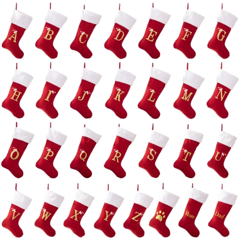 Set of 29 Velvets Christmas Socks Embroidered Alphabets Large Capacity Stocking Hanging Ornament for Family Celebration