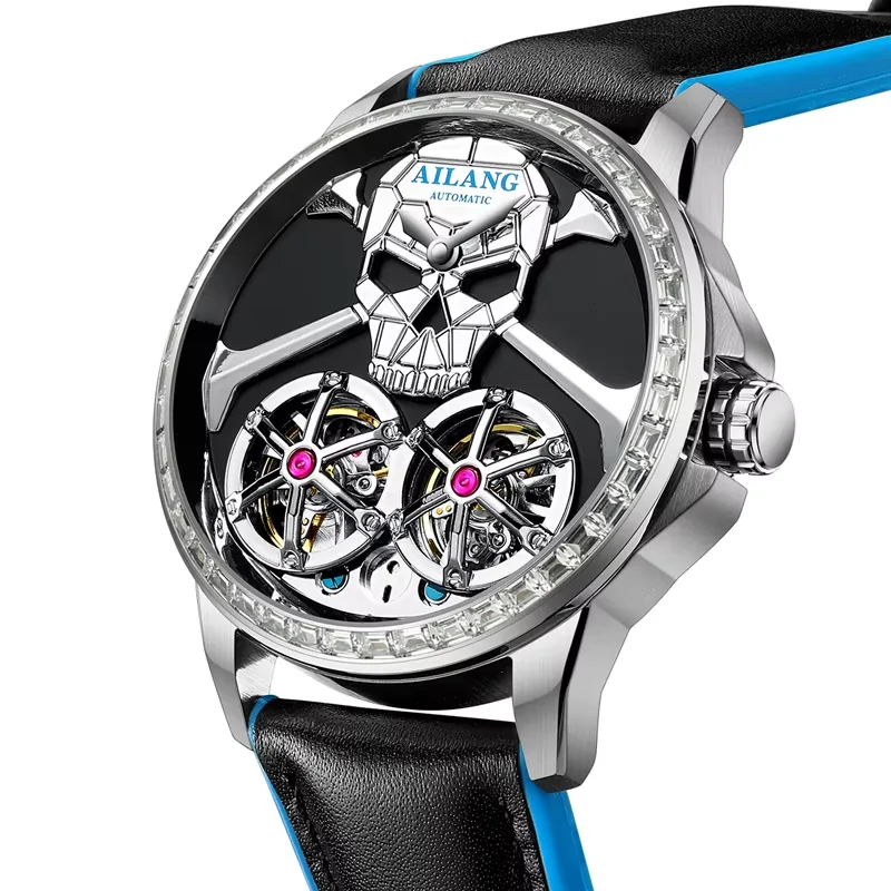 Punk Steam Skull Two Tourbillon Design Diamond Bezel Watch Hollow Design High-End Mechanical Waterproof Automatic Wristwatch