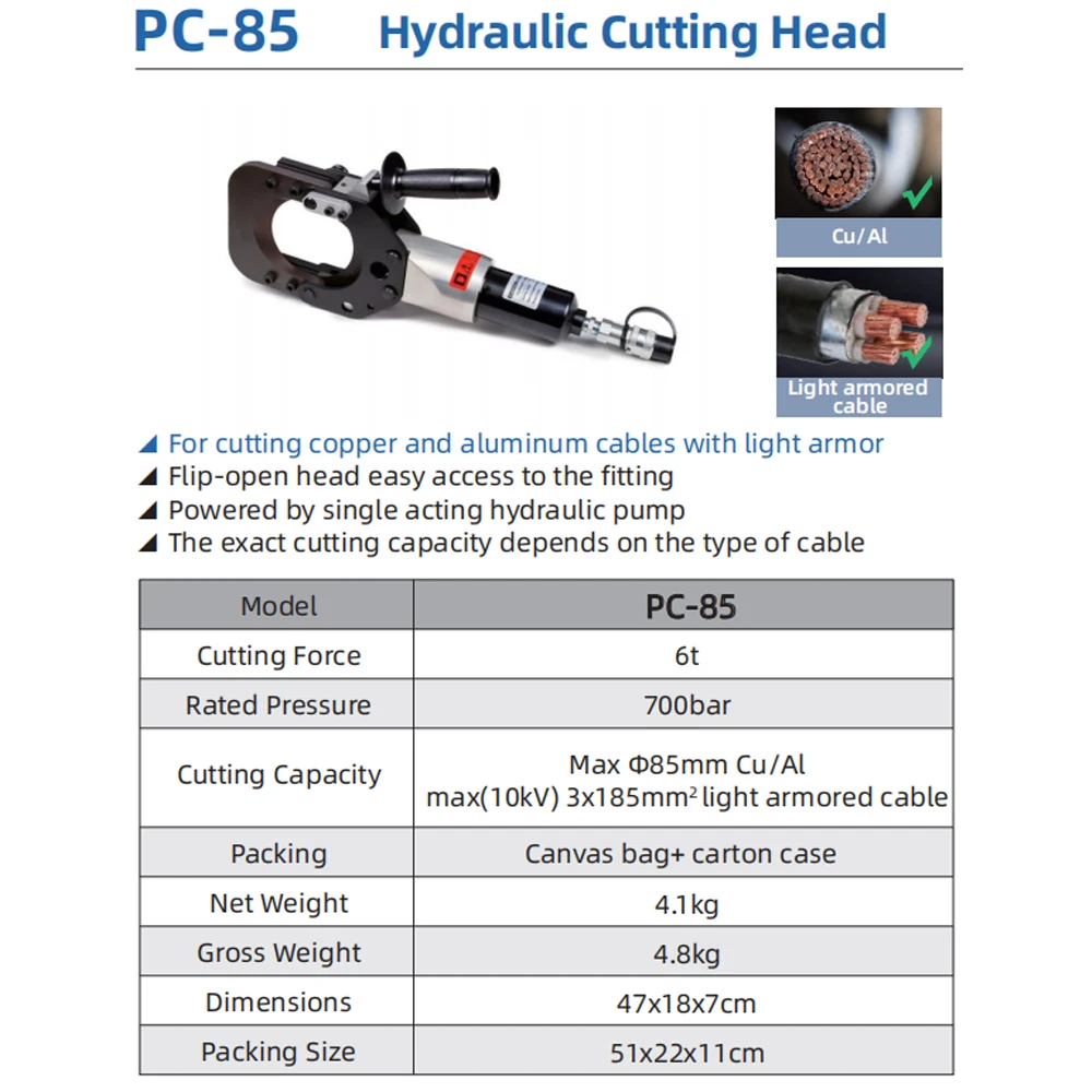 -85 Hydraulic Cutting Tool 6t 85mm Cu 10kV 3x185mm2 Light Armored Hydraulic Cutting Head For MV Underground Cable