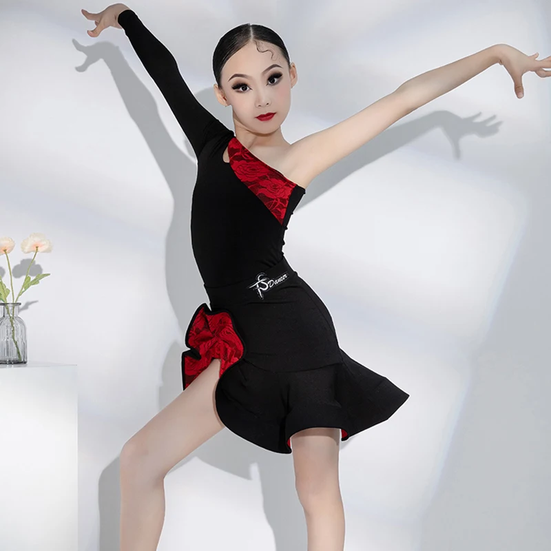 Children'S Ballroom Dance Clothes Girls Single Sleeve Party Latin Dance Dress Kids Salsa Chacha Samba Rumba Dance Dresses SL9352