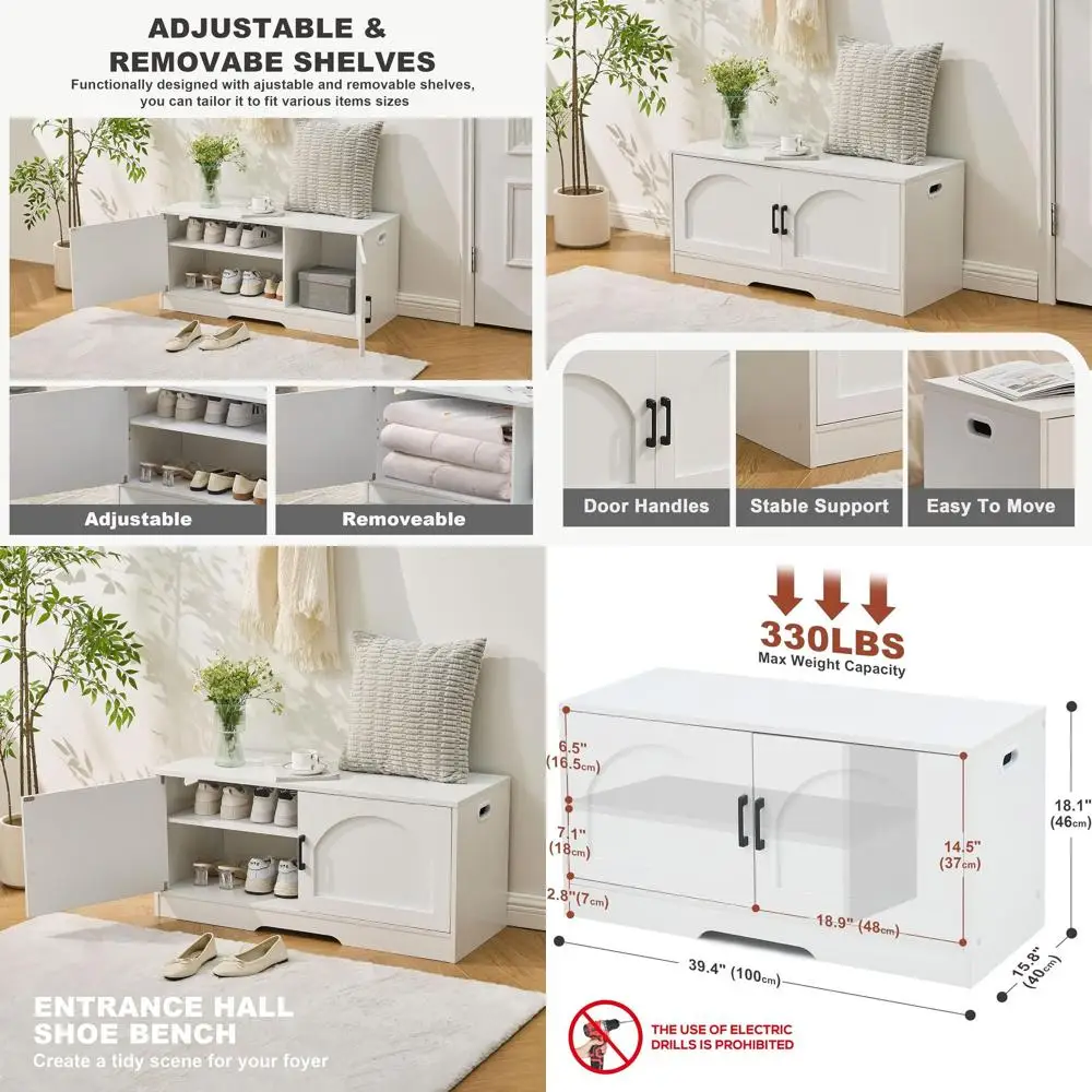 2-Door White Storage Bench, 39.4 Wide, Entryway Shoe Organizer, Adjustable Shelf, Holds 330lbs