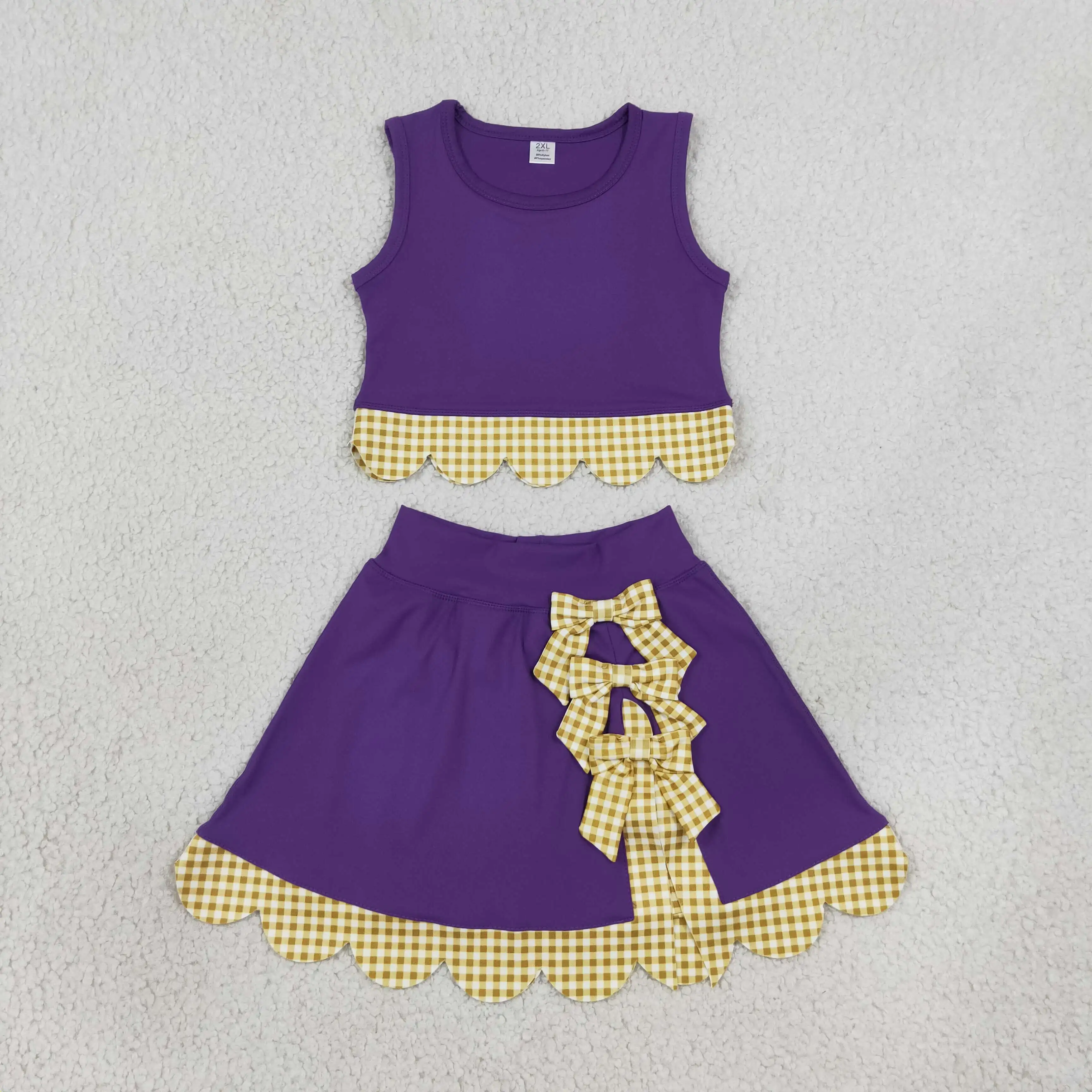 Wholesale Baby Girl Yoga Active Toddler Sleeveless Shirt Plaid Bows Purple Skirt Shorts Kids Skort Set Athletic Summer Clothes