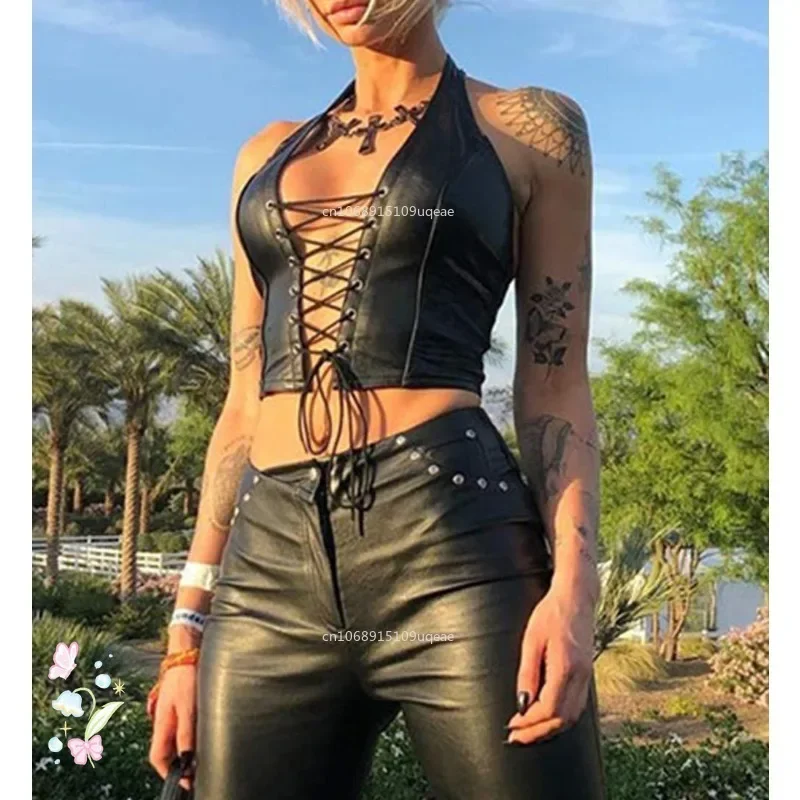 Women Sexy Gothic Patent Leather Backless Lace Up Crop Top Wet Look Corset Bra Vest Party Female Tank Tops Leather Corset