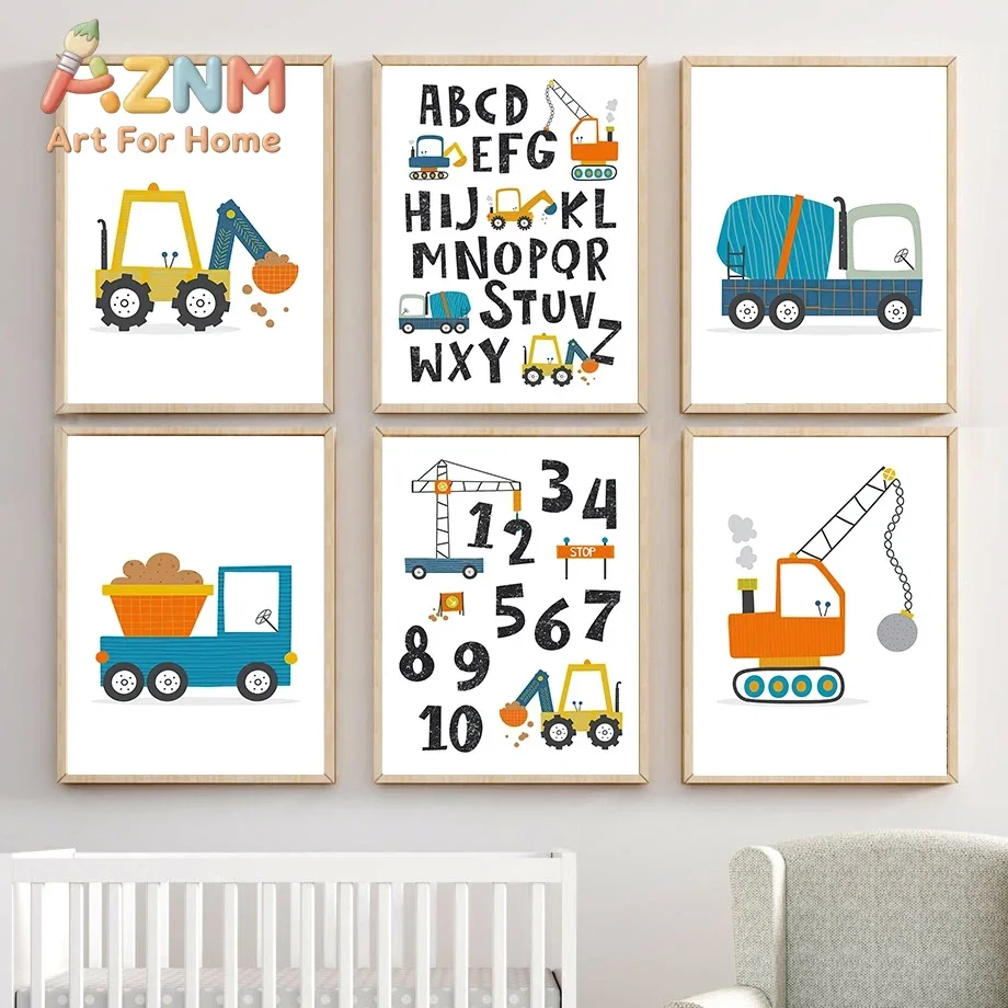Nordic Cartoon Crane Excavator Dump Truck Front Loader Wall Art Posters and Prints Wall Pictures Kids Room Decor Canvas Painting